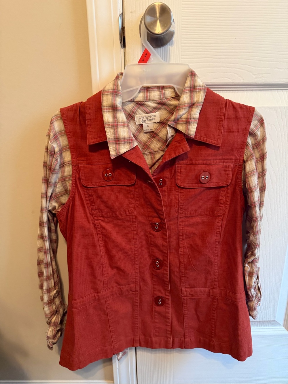 Vintage Christopher & Banks Women's Rust Red/Orange Button-Front Vest w/ Flannel